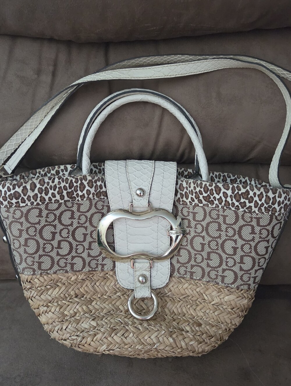 Guess Woven Straw and Monogram Jacquard Tote Bag with Animal Print Trim